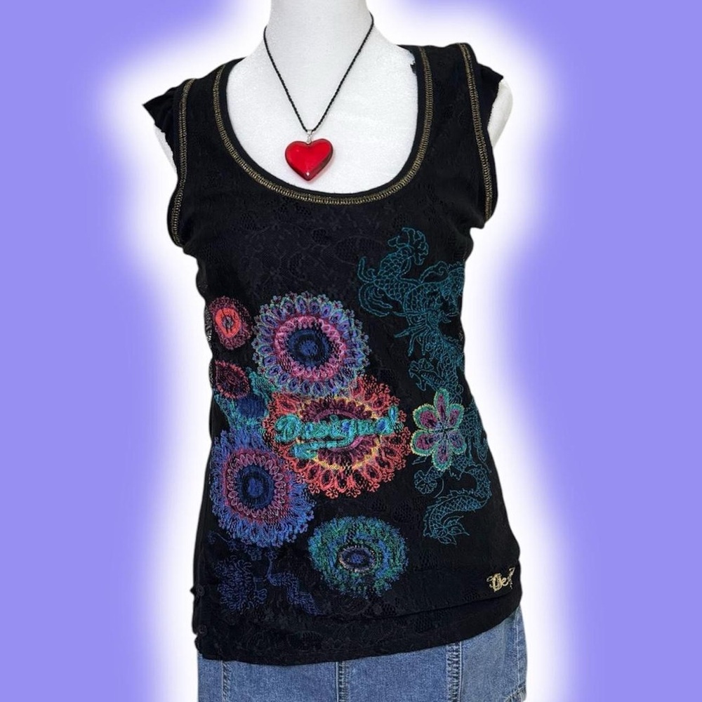 Desigual Black Floral Tank Top
